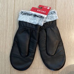Faux fur faux leather mittens